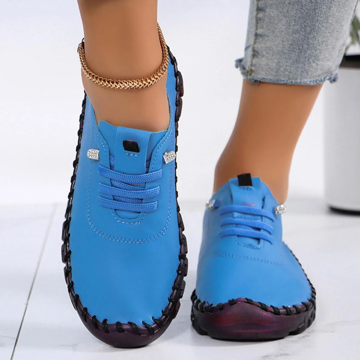 Womens Comfy Breathable Sneakers Flat Bottom Leather Slip-on Loafers Handmade Soft Shoes Sandals