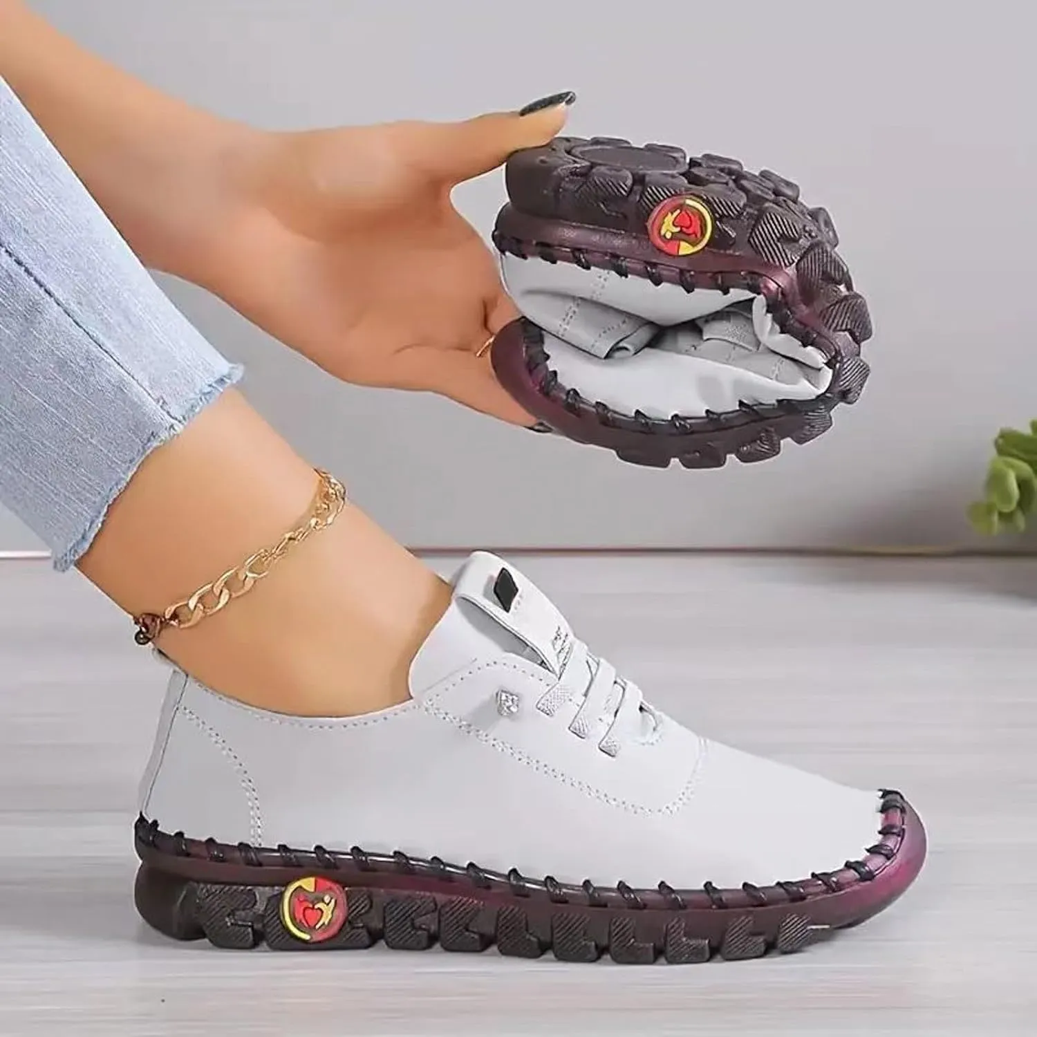 Womens Comfy Breathable Sneakers Flat Bottom Leather Slip-on Loafers Handmade Soft Shoes Sandals