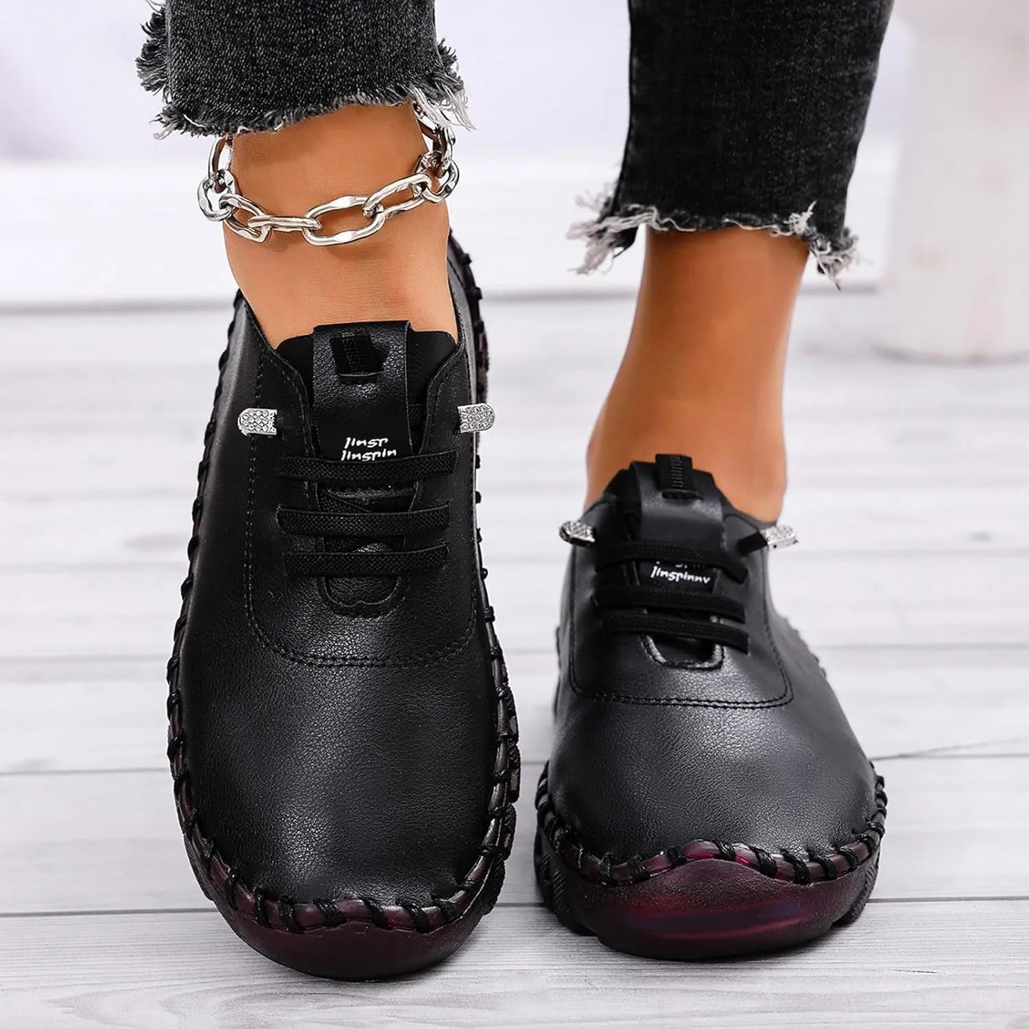 Womens Comfy Breathable Sneakers Flat Bottom Leather Slip-on Loafers Handmade Soft Shoes Sandals