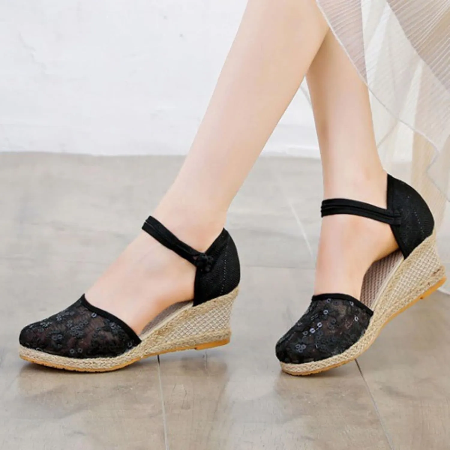 Womens Espadrilles Closed Toe Ankle Strap Platform Wedge Sandals, Summer Breathable Comfy Embroidered Sandals Ankle-Tie Strap Classic Espadrilles Fashion Comfortable Dress Shoes
