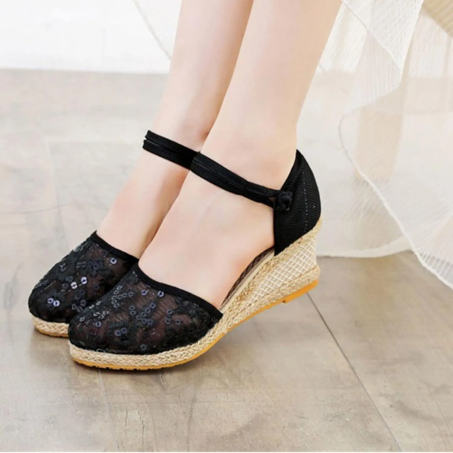 Womens Espadrilles Closed Toe Ankle Strap Platform Wedge Sandals, Summer Breathable Comfy Embroidered Sandals Ankle-Tie Strap Classic Espadrilles Fashion Comfortable Dress Shoes
