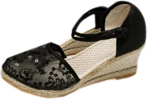 Womens Espadrilles Closed Toe Ankle Strap Platform Wedge Sandals, Summer Breathable Comfy Embroidered Sandals Ankle-Tie Strap Classic Espadrilles Fashion Comfortable Dress Shoes