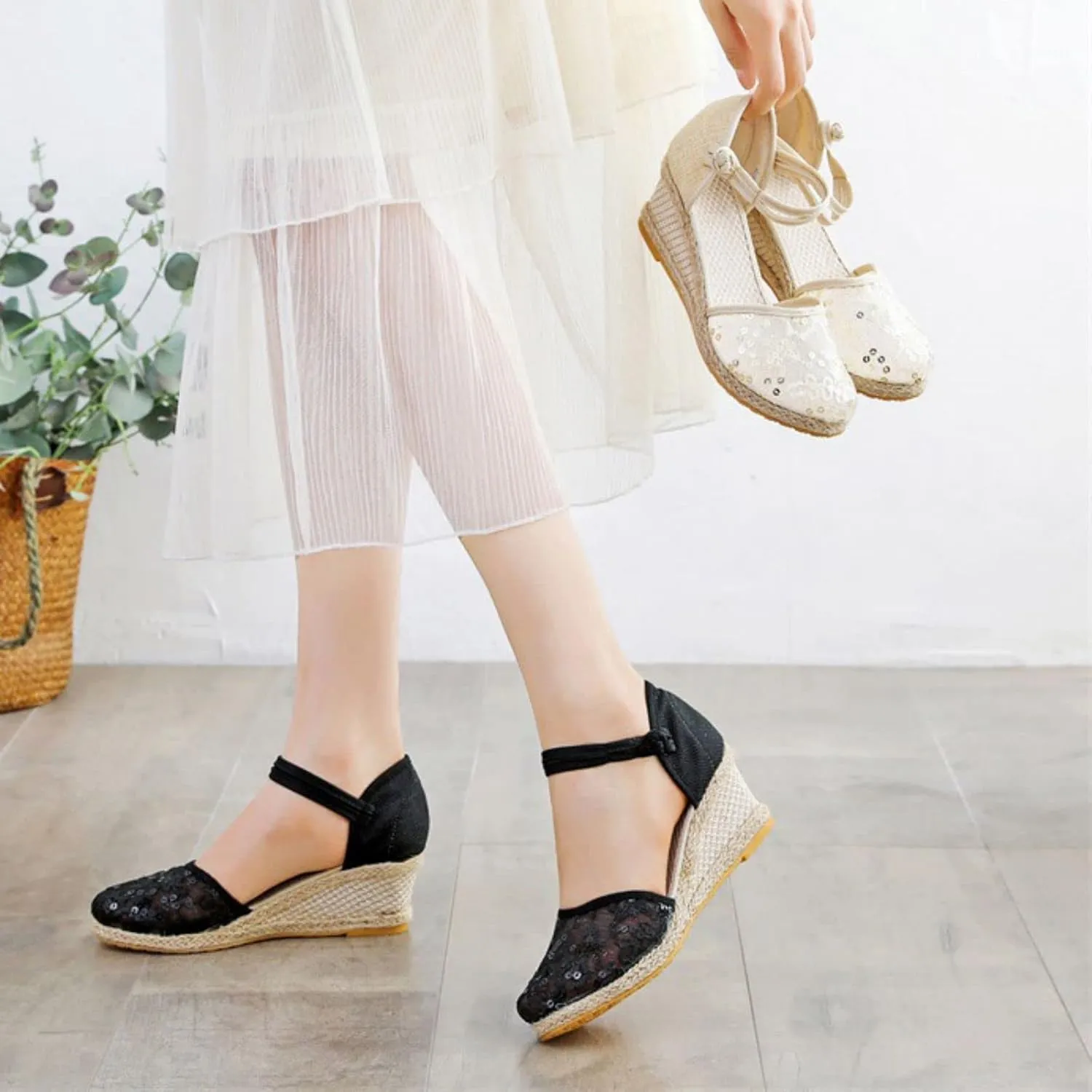 Womens Espadrilles Closed Toe Ankle Strap Platform Wedge Sandals, Summer Breathable Comfy Embroidered Sandals Ankle-Tie Strap Classic Espadrilles Fashion Comfortable Dress Shoes