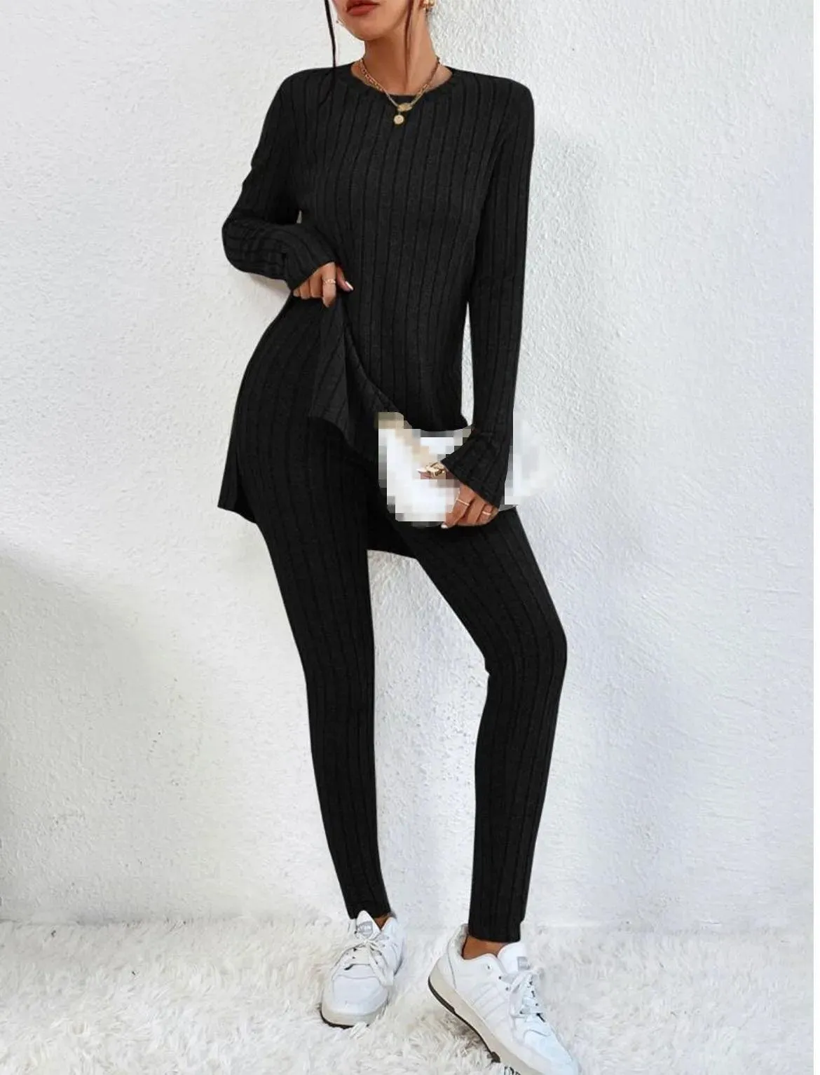 Women's Fashion Autumn Casual Set – Long Sleeve Split Shirt & High Waist Pants ✨