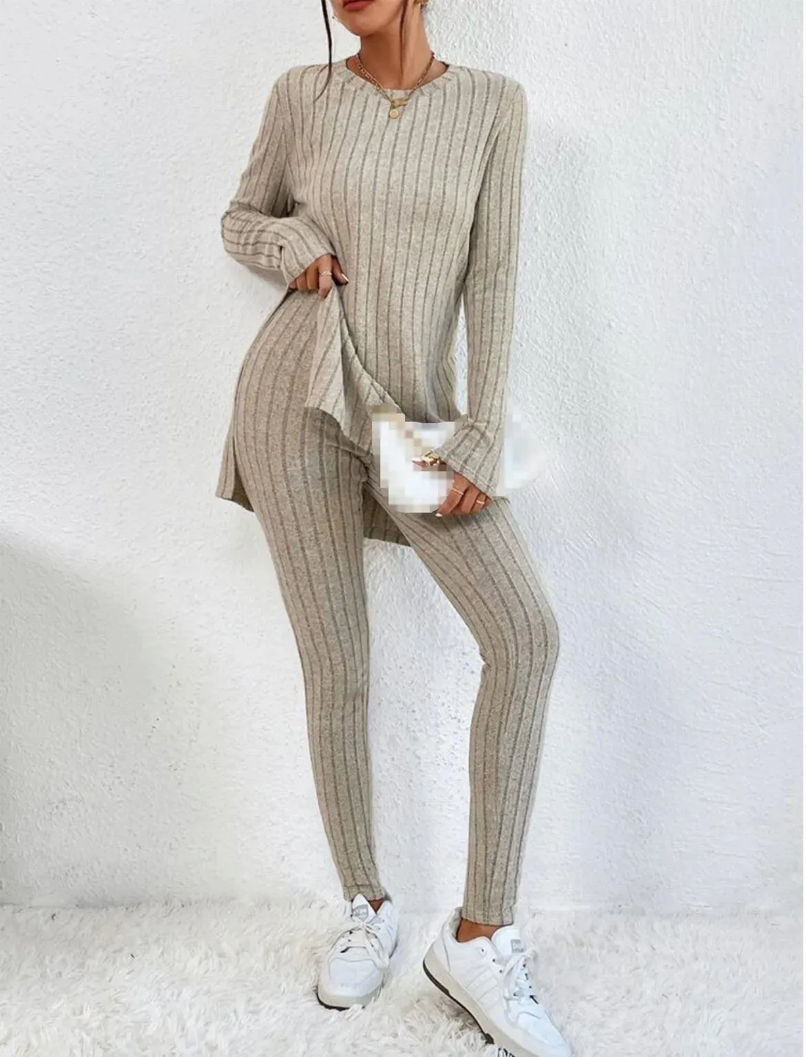 Women's Fashion Autumn Casual Set – Long Sleeve Split Shirt & High Waist Pants ✨