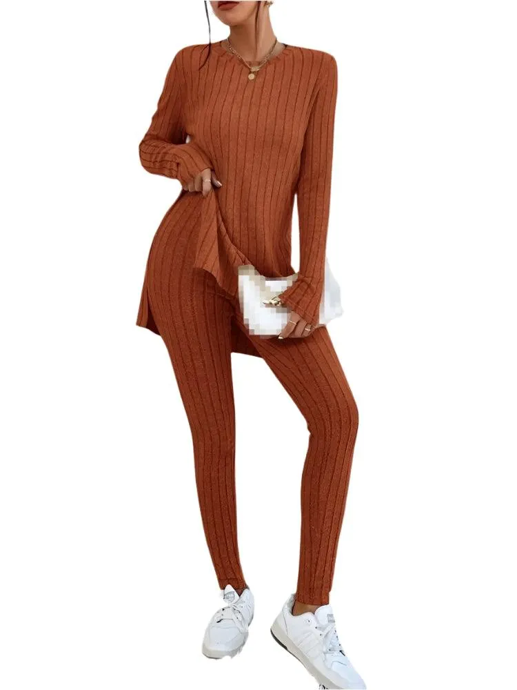 Women's Fashion Autumn Casual Set – Long Sleeve Split Shirt & High Waist Pants ✨