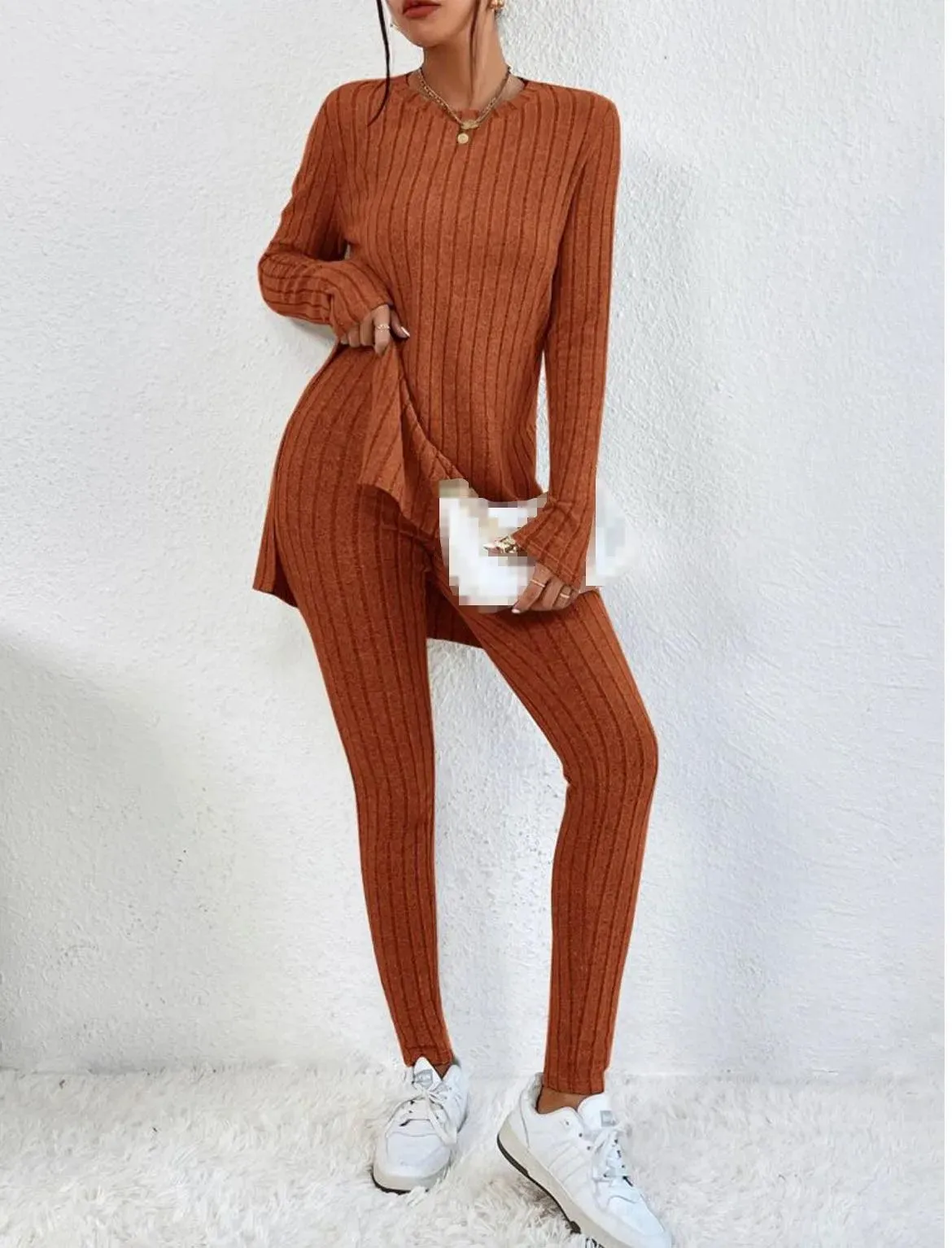 Women's Fashion Autumn Casual Set – Long Sleeve Split Shirt & High Waist Pants ✨