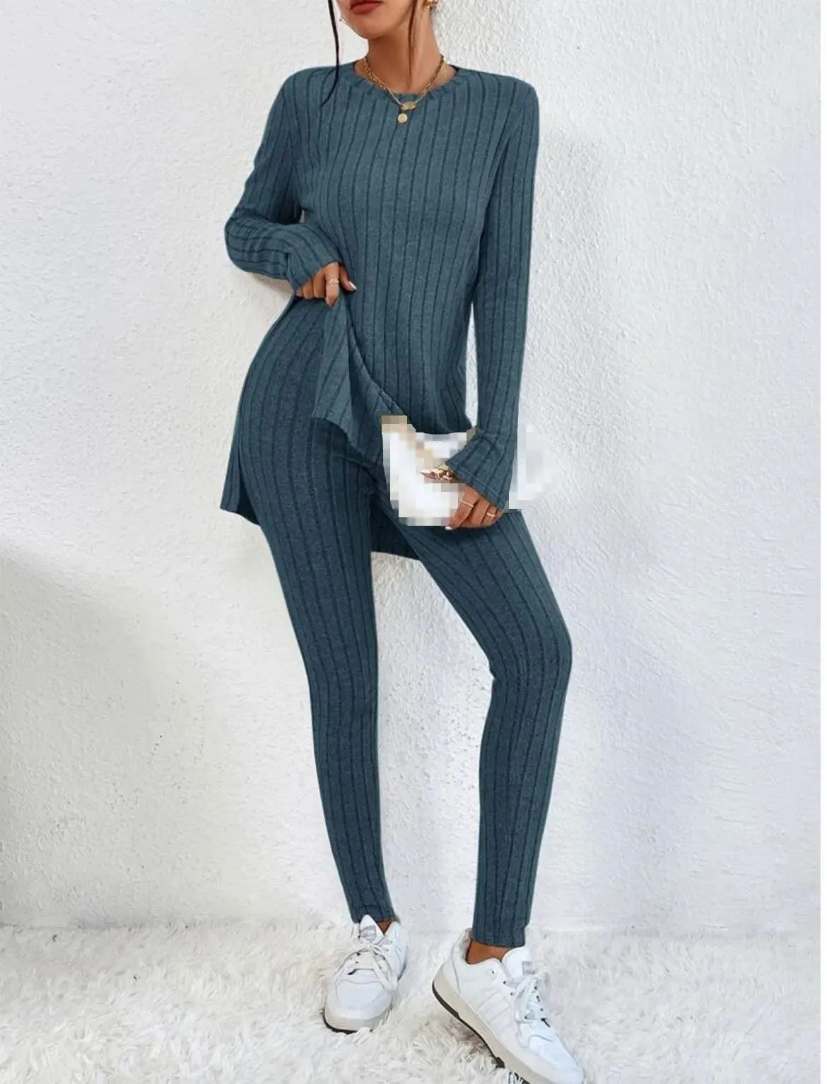 Women's Fashion Autumn Casual Set – Long Sleeve Split Shirt & High Waist Pants ✨