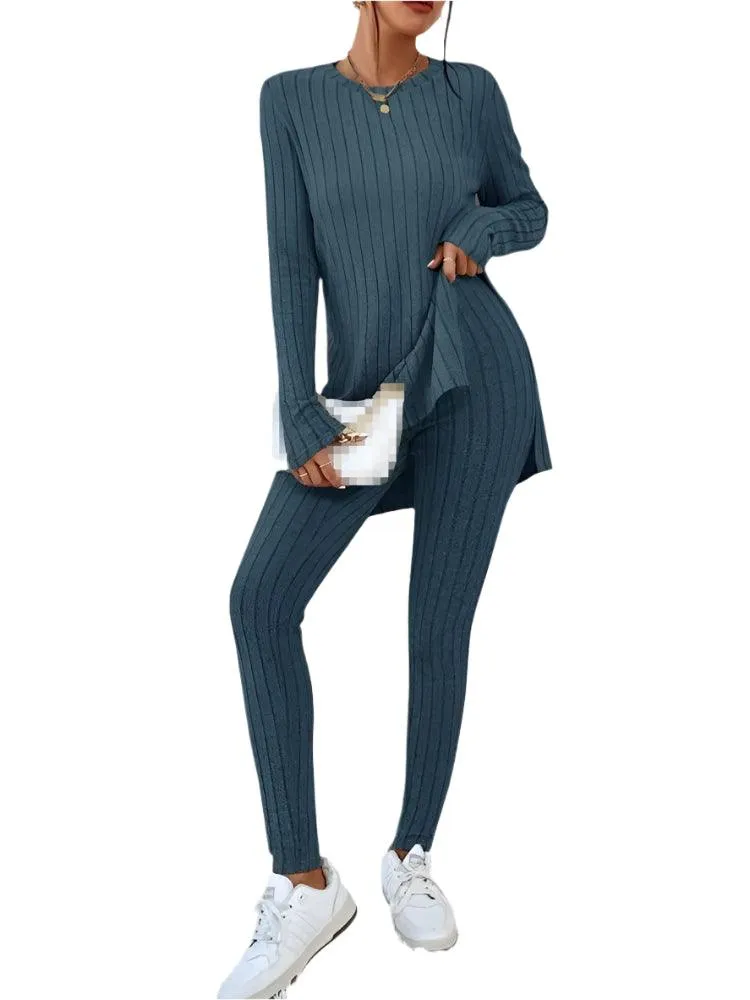 Women's Fashion Autumn Casual Set – Long Sleeve Split Shirt & High Waist Pants ✨
