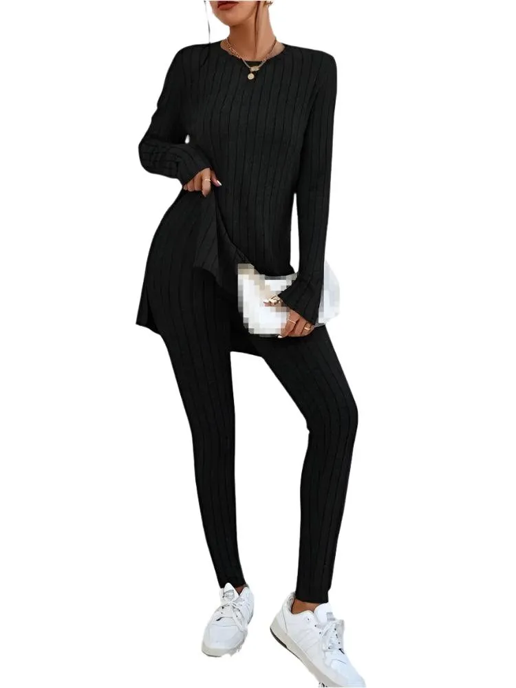 Women's Fashion Autumn Casual Set – Long Sleeve Split Shirt & High Waist Pants ✨