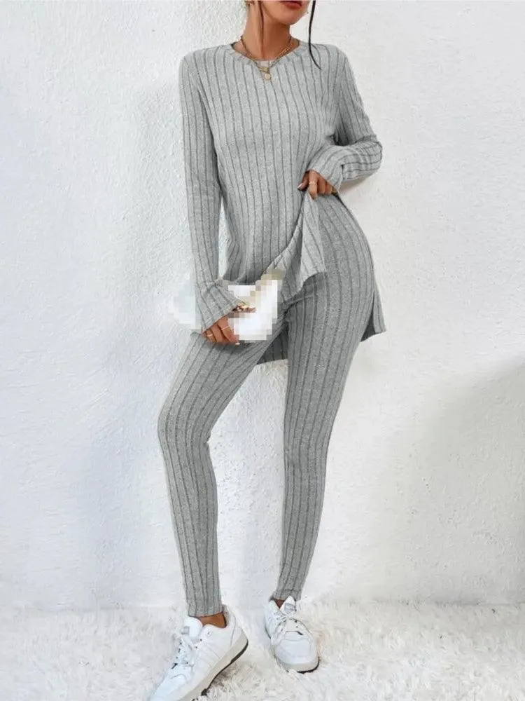 Women's Fashion Autumn Casual Set – Long Sleeve Split Shirt & High Waist Pants ✨