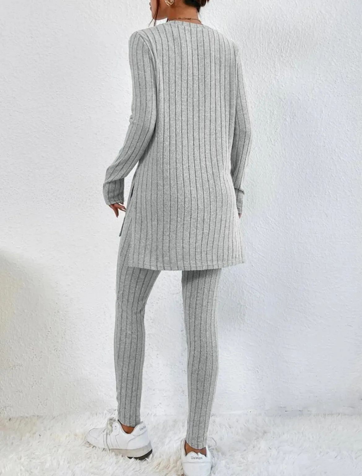 Women's Fashion Autumn Casual Set – Long Sleeve Split Shirt & High Waist Pants ✨