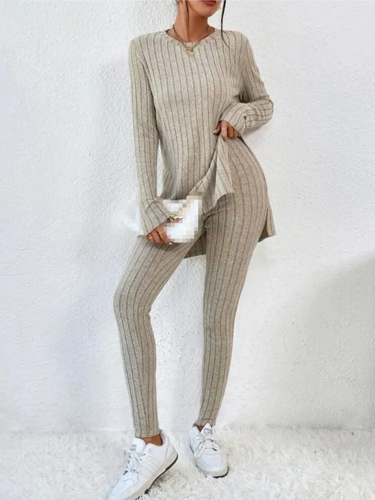 Women's Fashion Autumn Casual Set – Long Sleeve Split Shirt & High Waist Pants ✨