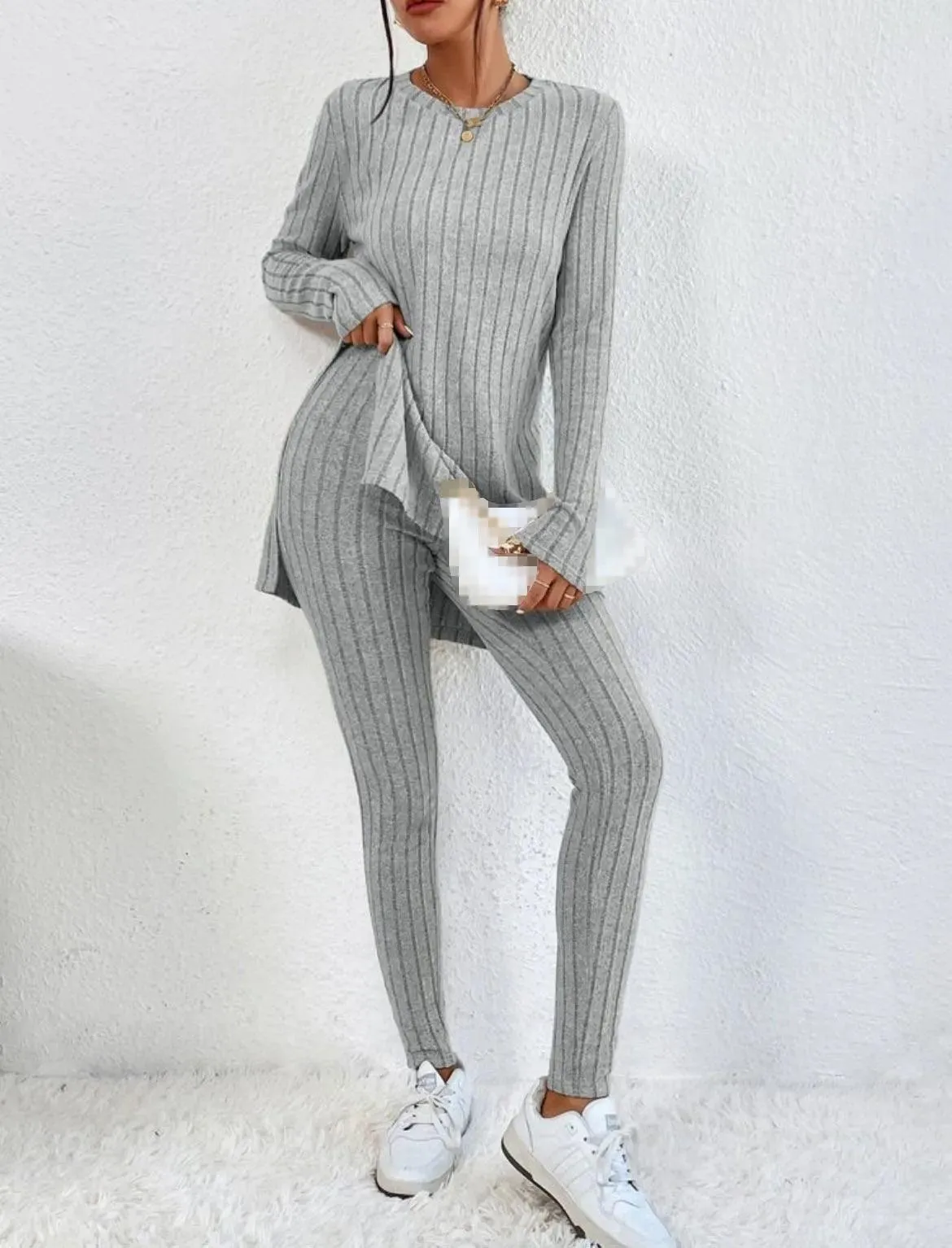 Women's Fashion Autumn Casual Set – Long Sleeve Split Shirt & High Waist Pants ✨