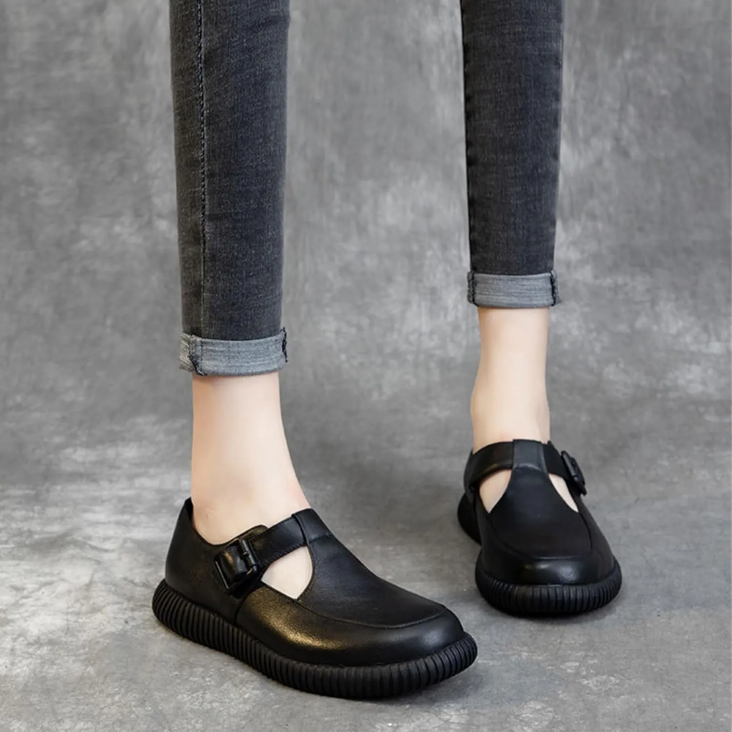 Women's Genuine Leather T-Strap Loafers Retro Casual Round Flats Soft Bottom Anti-Slip Slip On Mary Jane Oxfords Shoes for Office Work Walk