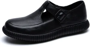 Women's Genuine Leather T-Strap Loafers Retro Casual Round Flats Soft Bottom Anti-Slip Slip On Mary Jane Oxfords Shoes for Office Work Walk