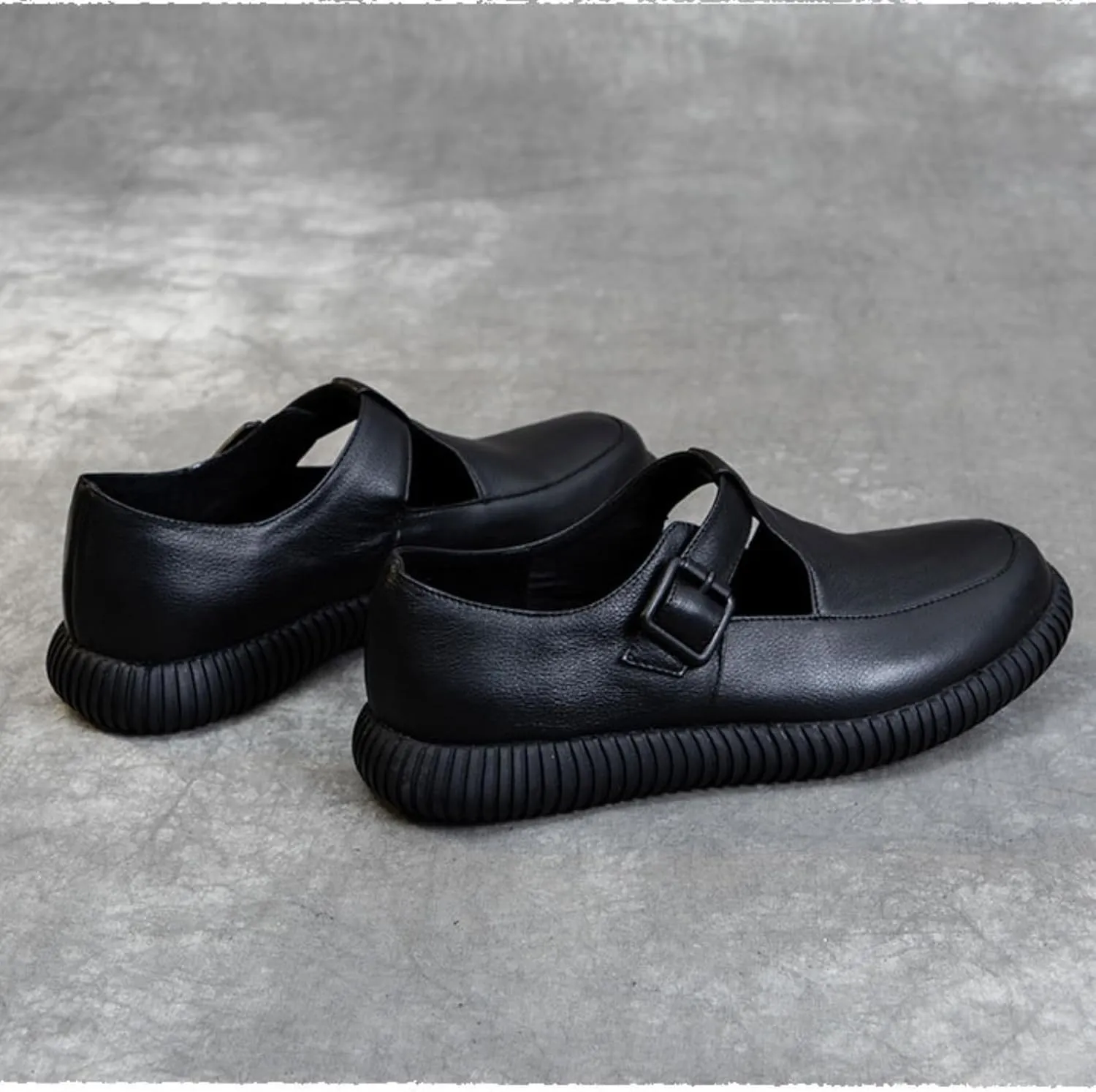 Women's Genuine Leather T-Strap Loafers Retro Casual Round Flats Soft Bottom Anti-Slip Slip On Mary Jane Oxfords Shoes for Office Work Walk