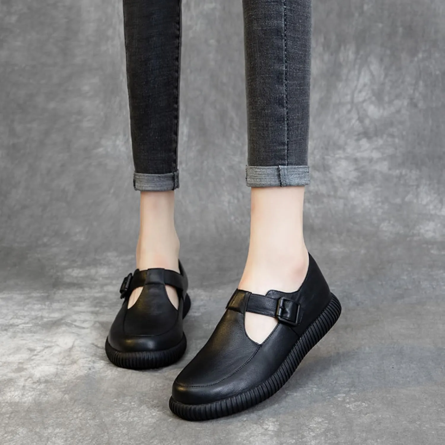 Women's Genuine Leather T-Strap Loafers Retro Casual Round Flats Soft Bottom Anti-Slip Slip On Mary Jane Oxfords Shoes for Office Work Walk