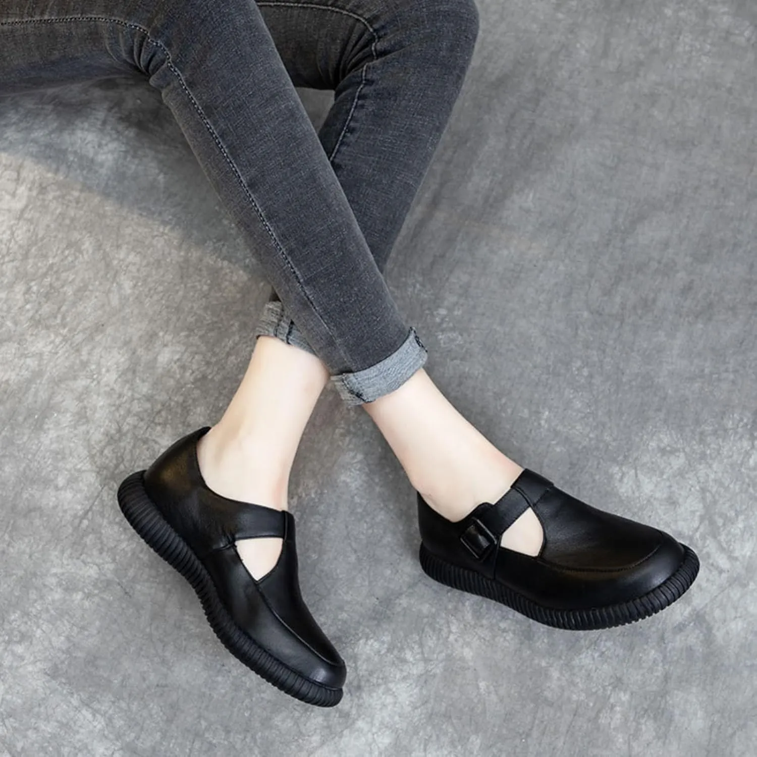 Women's Genuine Leather T-Strap Loafers Retro Casual Round Flats Soft Bottom Anti-Slip Slip On Mary Jane Oxfords Shoes for Office Work Walk