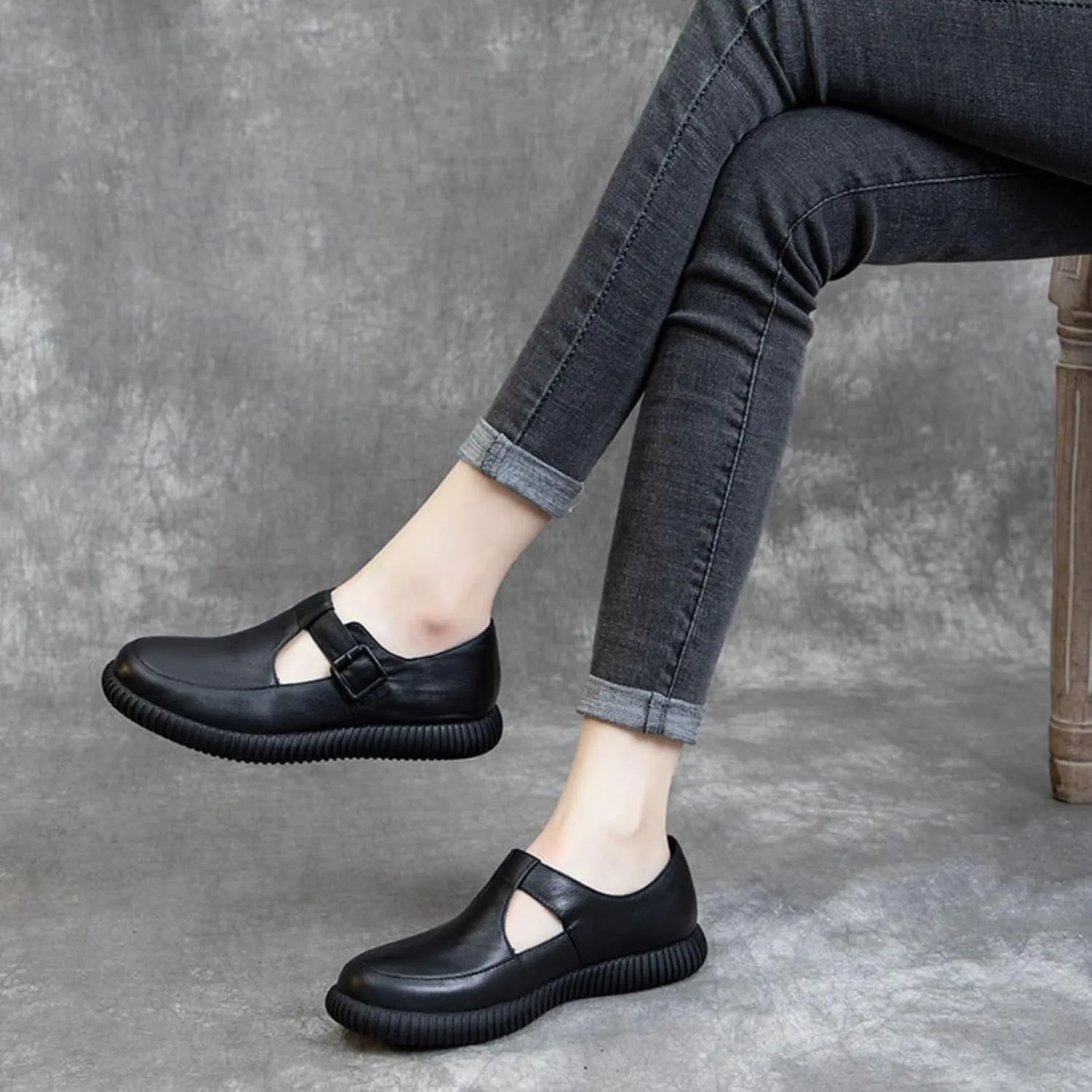 Women's Genuine Leather T-Strap Loafers Retro Casual Round Flats Soft Bottom Anti-Slip Slip On Mary Jane Oxfords Shoes for Office Work Walk