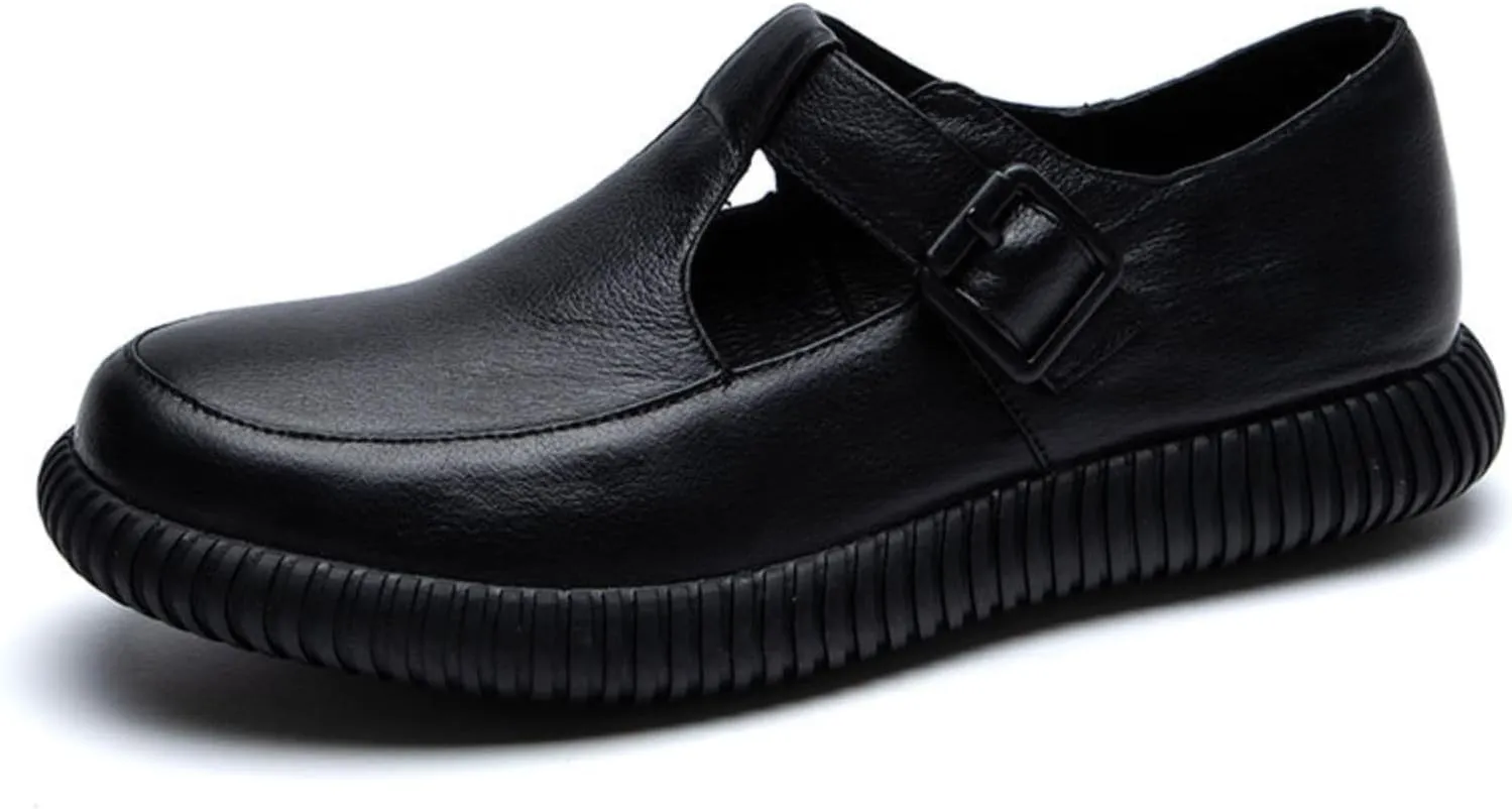 Women's Genuine Leather T-Strap Loafers Retro Casual Round Flats Soft Bottom Anti-Slip Slip On Mary Jane Oxfords Shoes for Office Work Walk