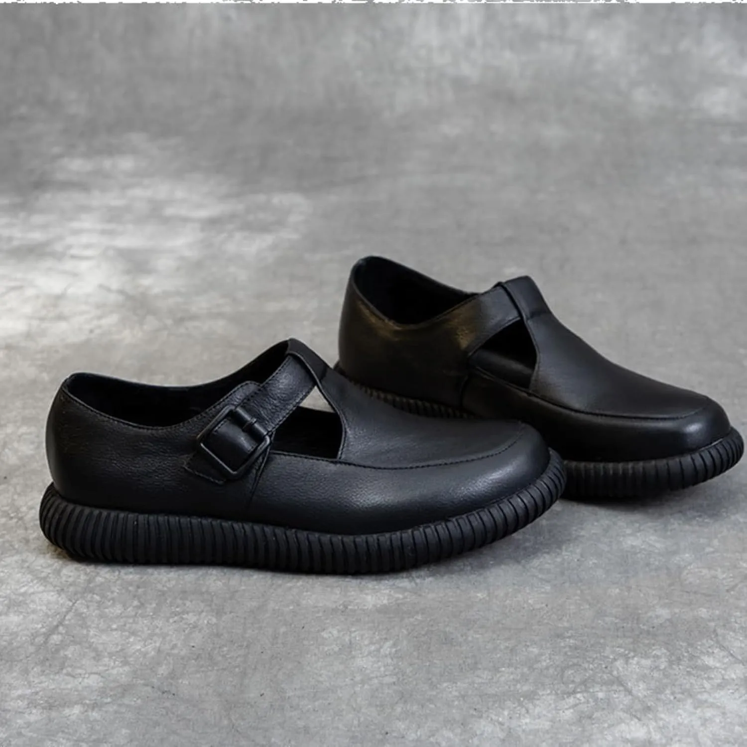 Women's Genuine Leather T-Strap Loafers Retro Casual Round Flats Soft Bottom Anti-Slip Slip On Mary Jane Oxfords Shoes for Office Work Walk