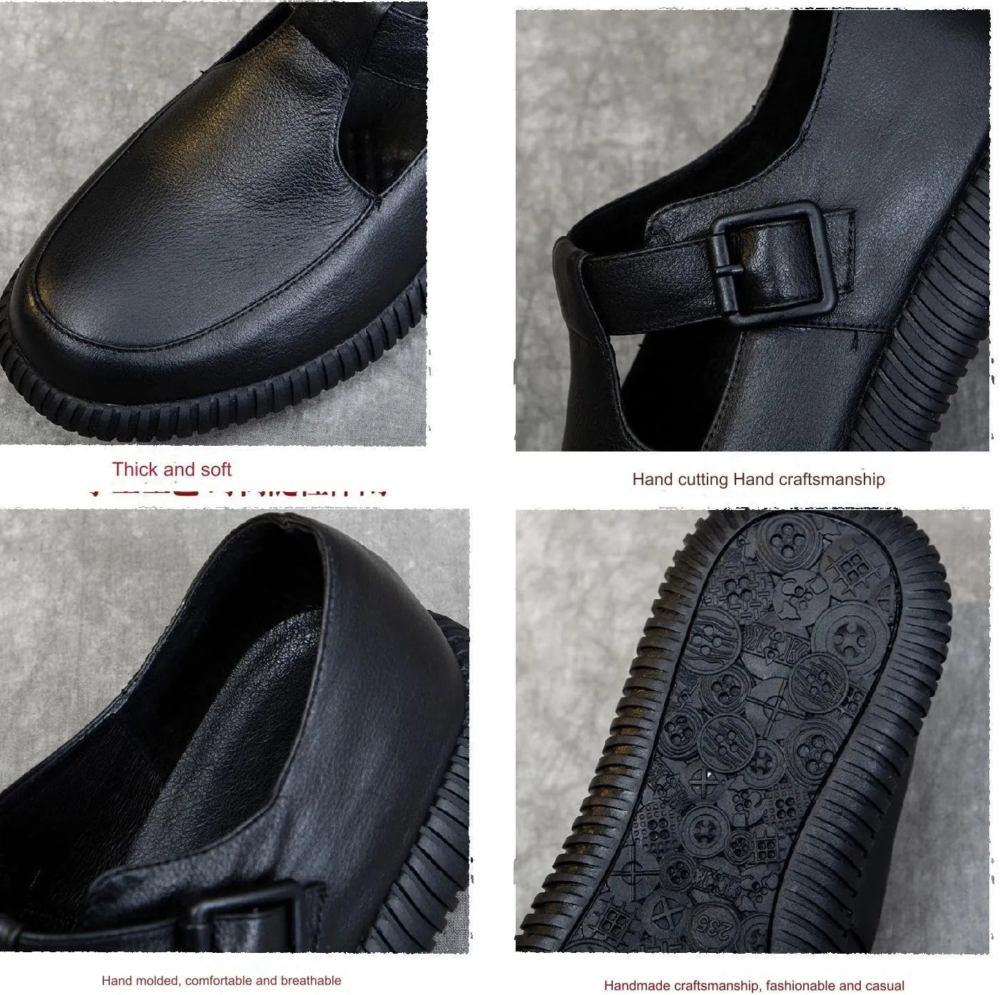 Women's Genuine Leather T-Strap Loafers Retro Casual Round Flats Soft Bottom Anti-Slip Slip On Mary Jane Oxfords Shoes for Office Work Walk