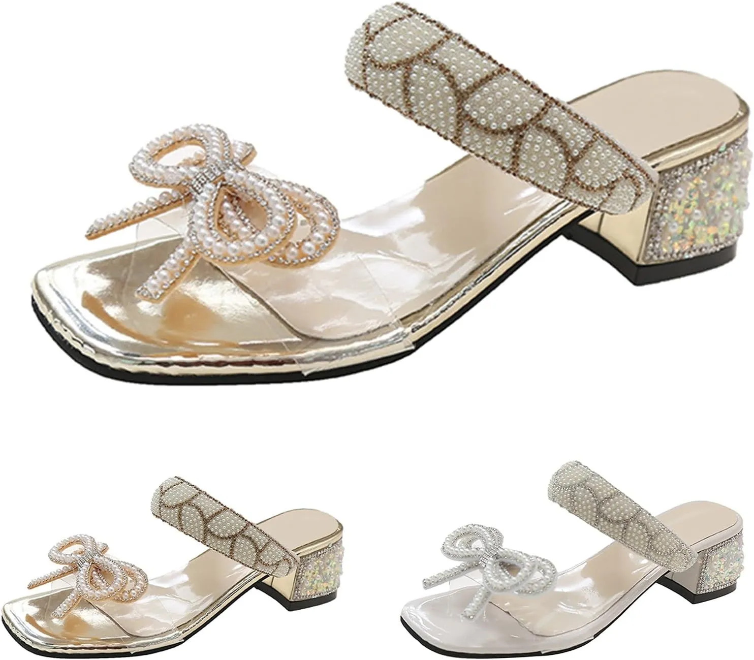 Womens Heeled Sandals Pearl Rhinestone Chunky Low Heels Square Toe Ankle Strap Dress Shoes Comfortable Slip On Sandals