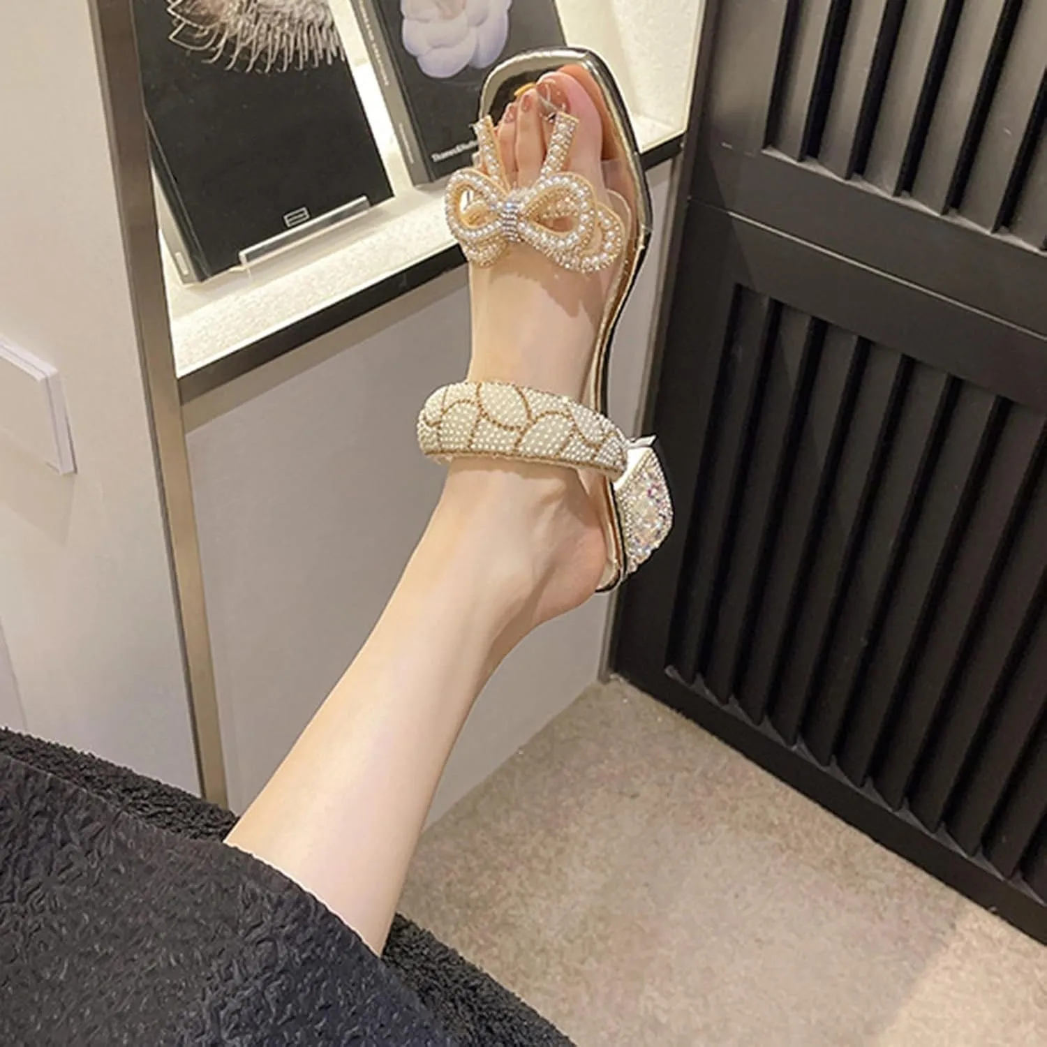 Womens Heeled Sandals Pearl Rhinestone Chunky Low Heels Square Toe Ankle Strap Dress Shoes Comfortable Slip On Sandals