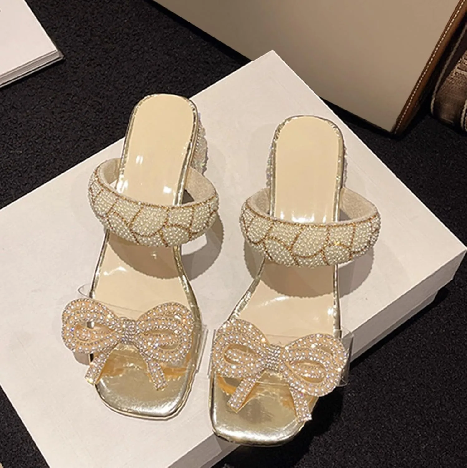 Womens Heeled Sandals Pearl Rhinestone Chunky Low Heels Square Toe Ankle Strap Dress Shoes Comfortable Slip On Sandals