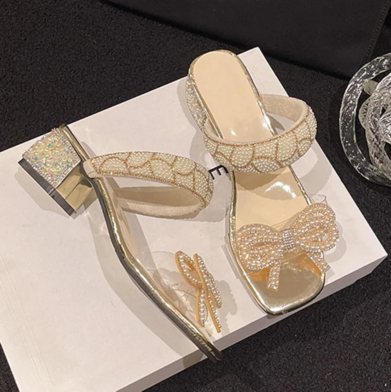 Womens Heeled Sandals Pearl Rhinestone Chunky Low Heels Square Toe Ankle Strap Dress Shoes Comfortable Slip On Sandals