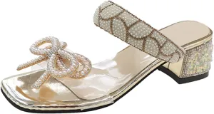 Womens Heeled Sandals Pearl Rhinestone Chunky Low Heels Square Toe Ankle Strap Dress Shoes Comfortable Slip On Sandals