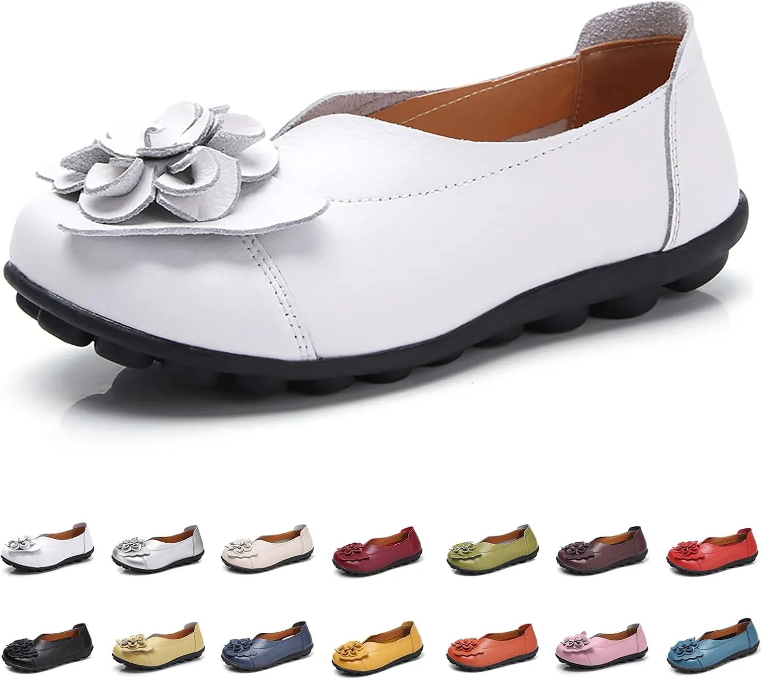 Women's Leather Loafers Comfortable Flat Shoes Slip On Round Toe Wide Width Loafers Comfortable Walking Working Driving Long Standing Fashion Soft Cushion Shoes