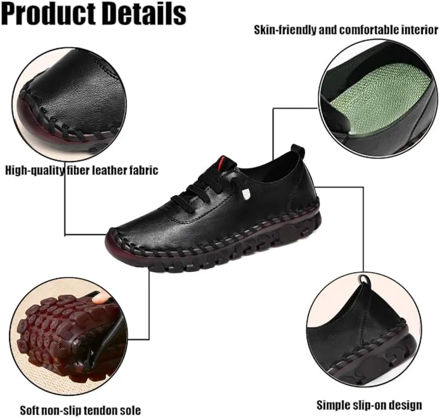 Women's Leather Soft Beef Tendon Flat Bottom Loafers Super Soft Comfortable Orthopaedic Shoes Slip-On Breathable Walking Flats for Daily Wear