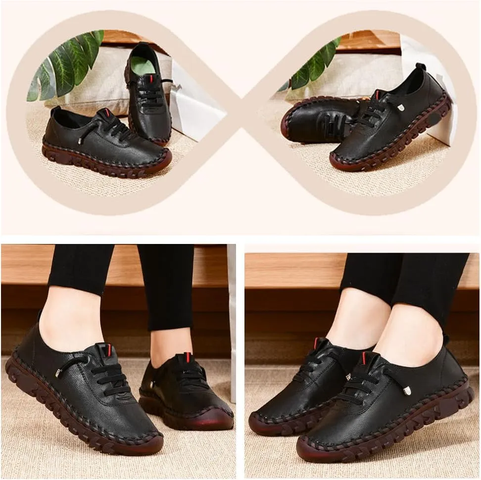 Women's Leather Soft Beef Tendon Flat Bottom Loafers Super Soft Comfortable Orthopaedic Shoes Slip-On Breathable Walking Flats for Daily Wear