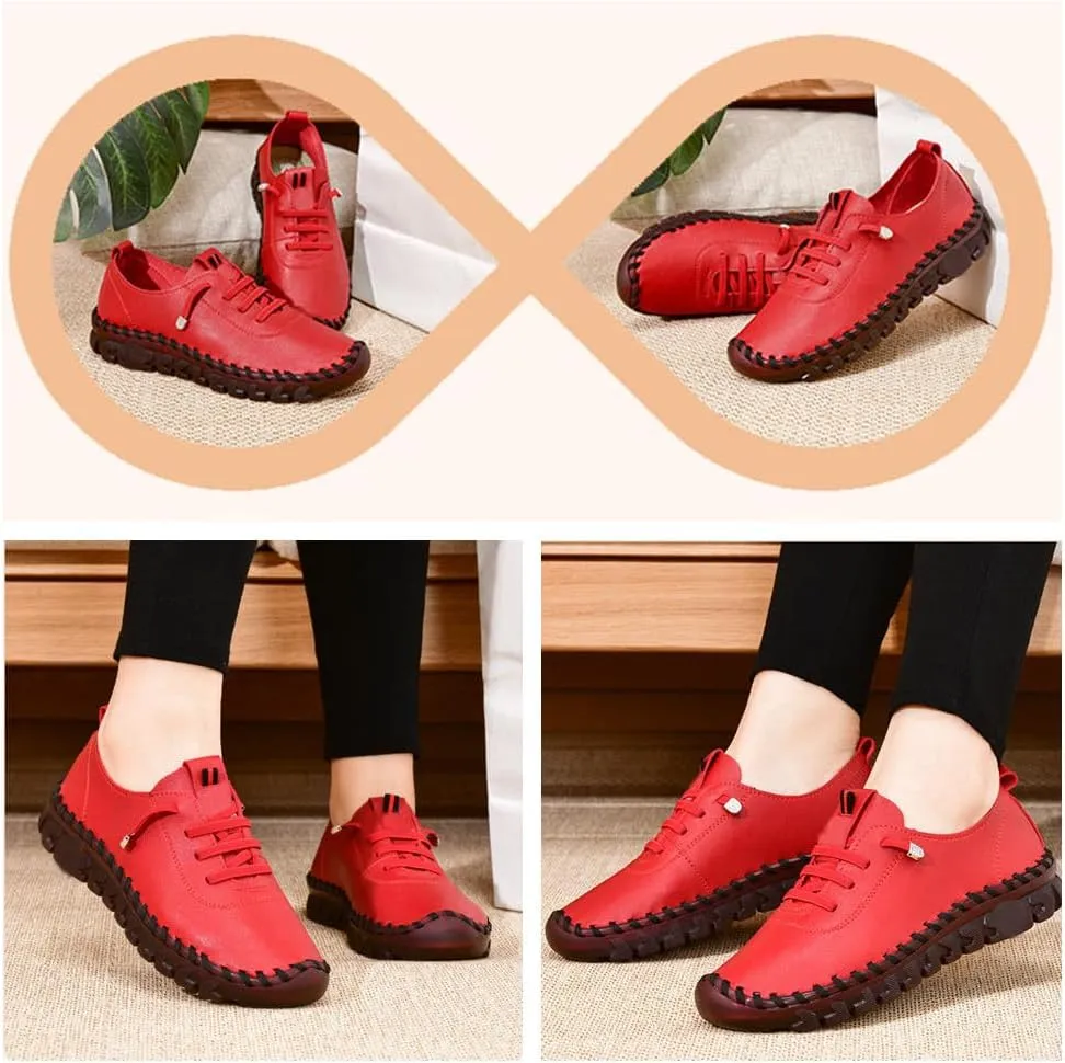 Women's Leather Soft Beef Tendon Flat Bottom Loafers Super Soft Comfortable Orthopaedic Shoes Slip-On Breathable Walking Flats for Daily Wear