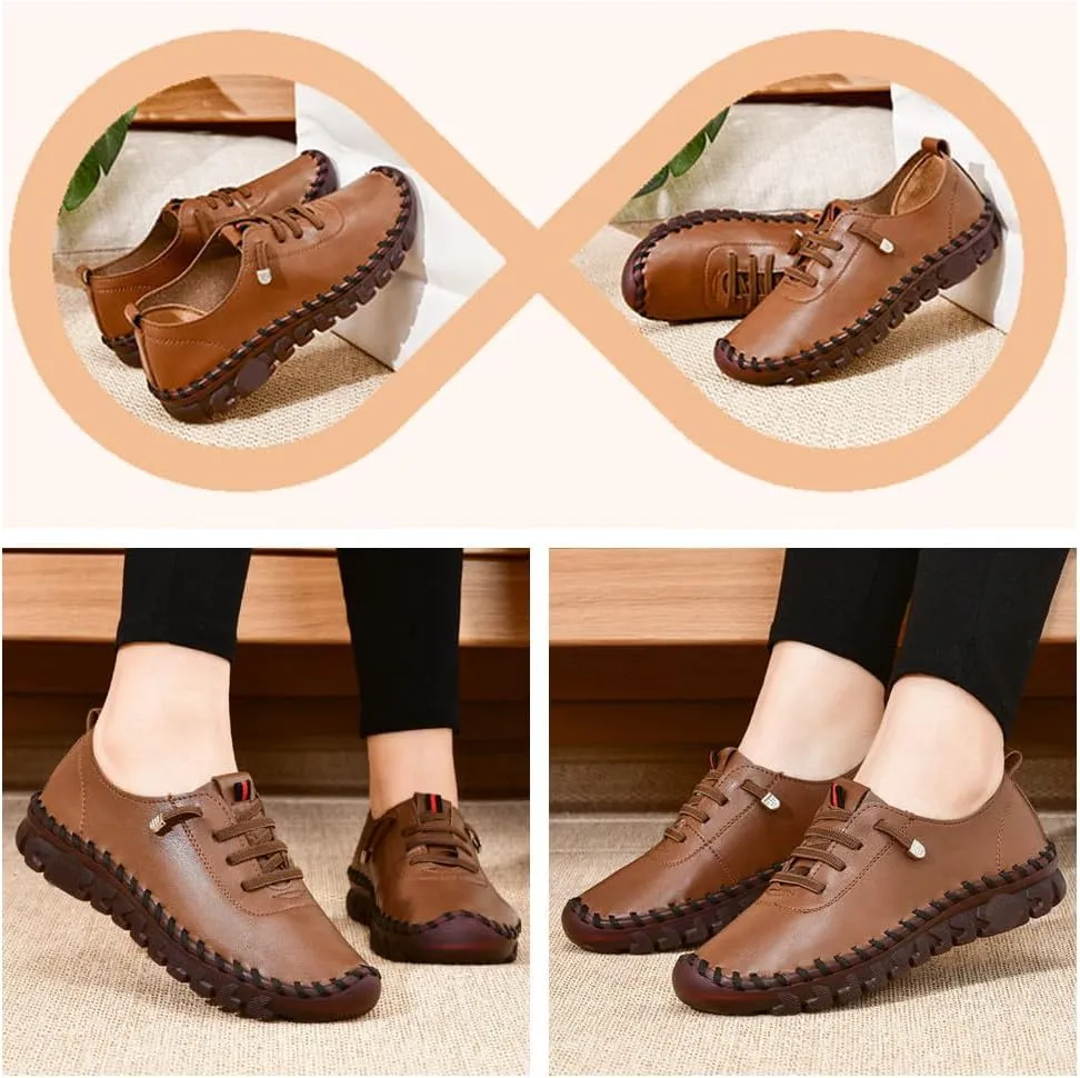 Women's Leather Soft Beef Tendon Flat Bottom Loafers Super Soft Comfortable Orthopaedic Shoes Slip-On Breathable Walking Flats for Daily Wear