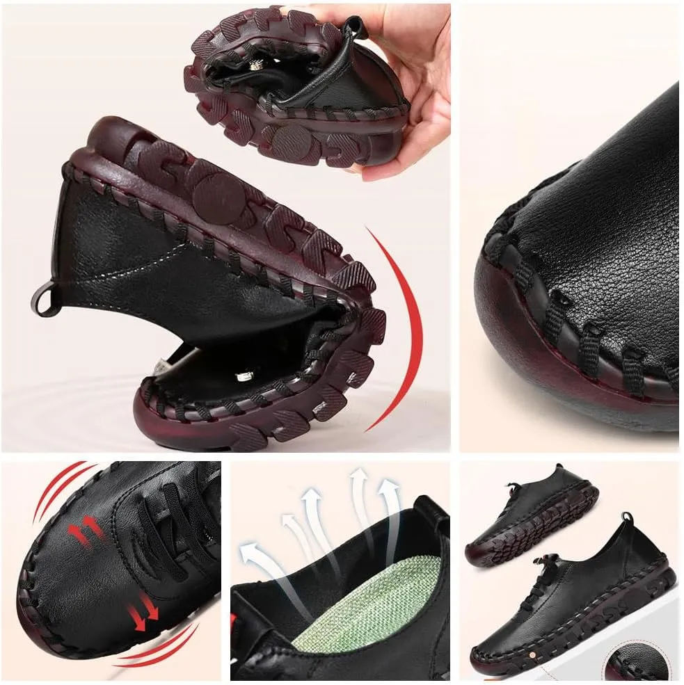 Women's Leather Soft Beef Tendon Flat Bottom Loafers Super Soft Comfortable Orthopaedic Shoes Slip-On Breathable Walking Flats for Daily Wear