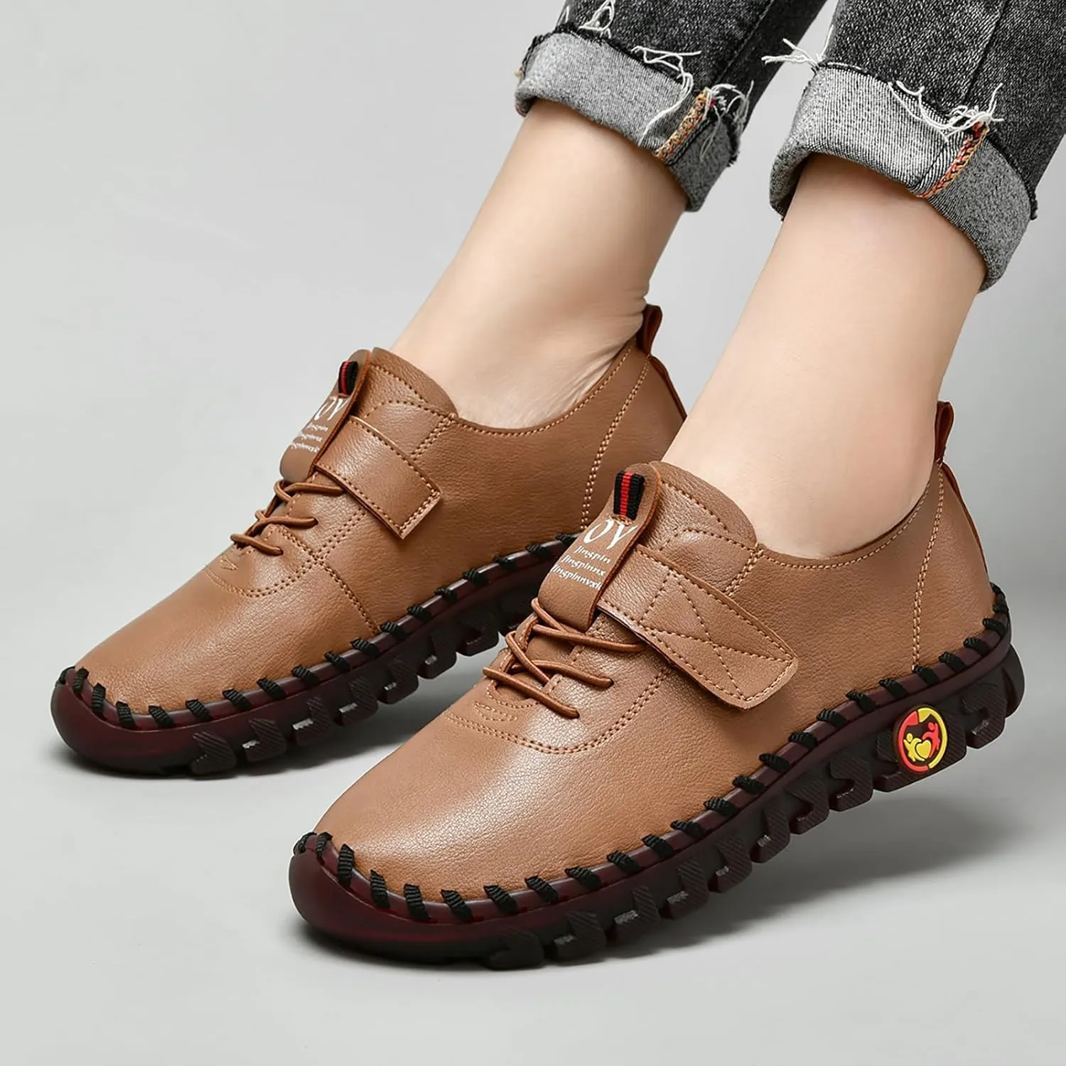 Women's Leather Tendon Soft Bottom Flat Loafers Fashion HandSewing Non-Slip Low top Flats Outdoor Comfy Slip on Casual Orthopedic Walkings Mom Beef Tendon Shoes