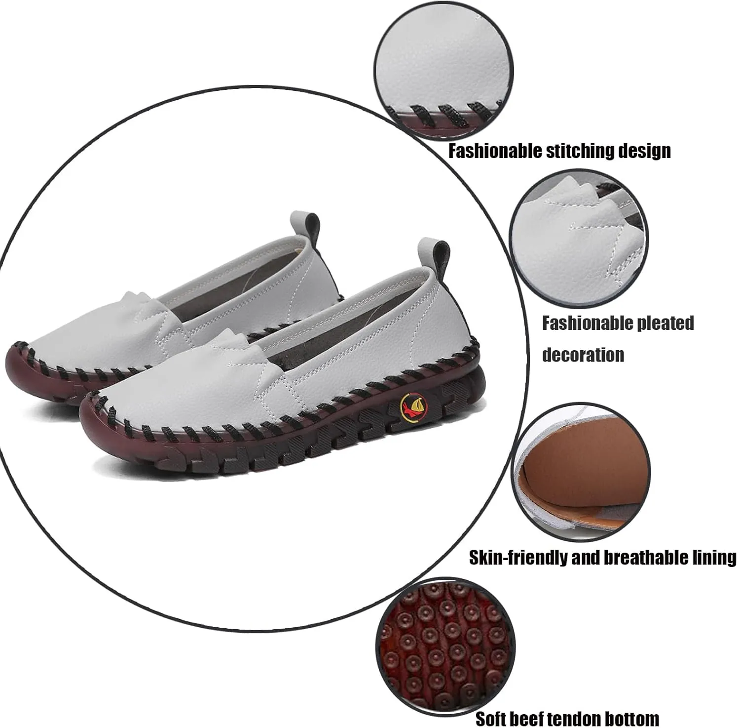 Women's Orthopedic Leather Soft Beef Tendon Loafers Handmade Sewing Comfortable Slip-on Round Toe Breathable Non-Slip Mom Casual Walking Shoes Loafers for Women