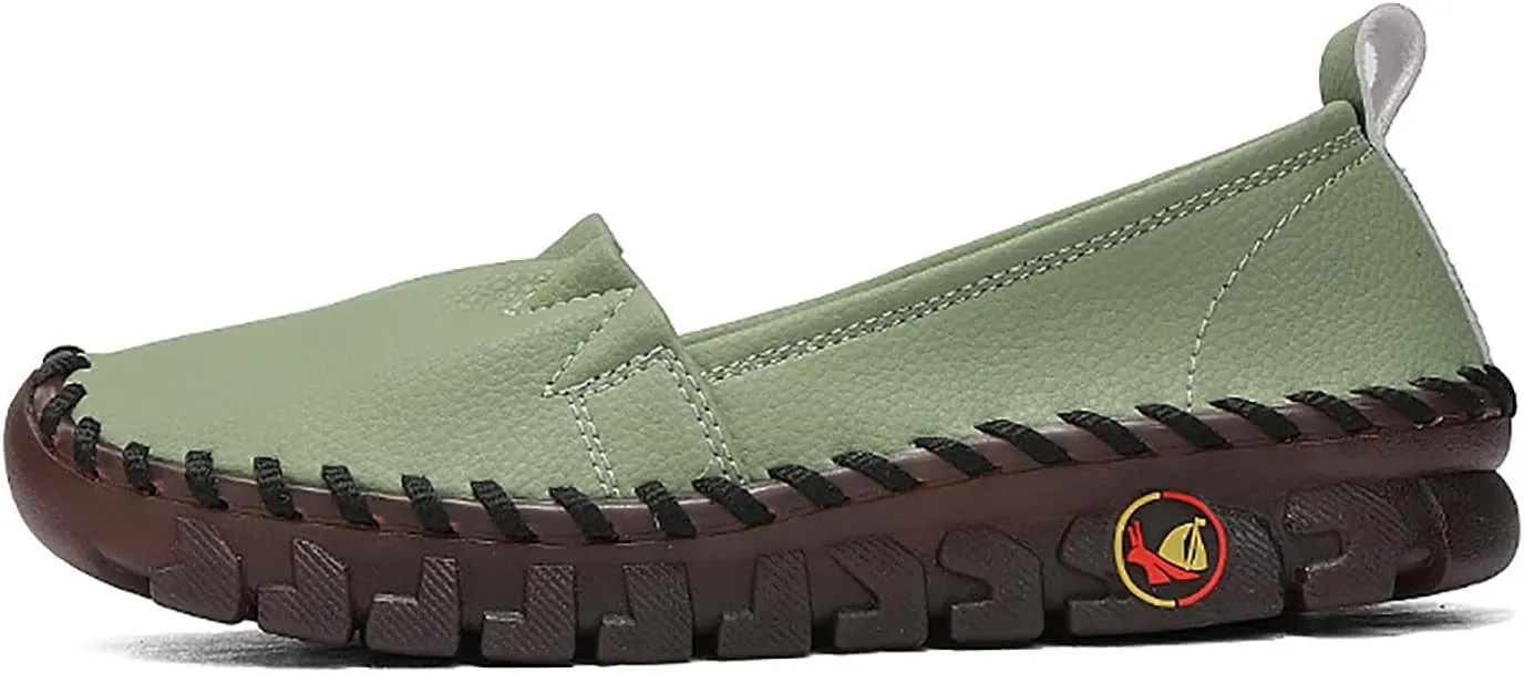 Women's Orthopedic Leather Soft Beef Tendon Loafers Handmade Sewing Comfortable Slip-on Round Toe Breathable Non-Slip Mom Casual Walking Shoes Loafers for Women