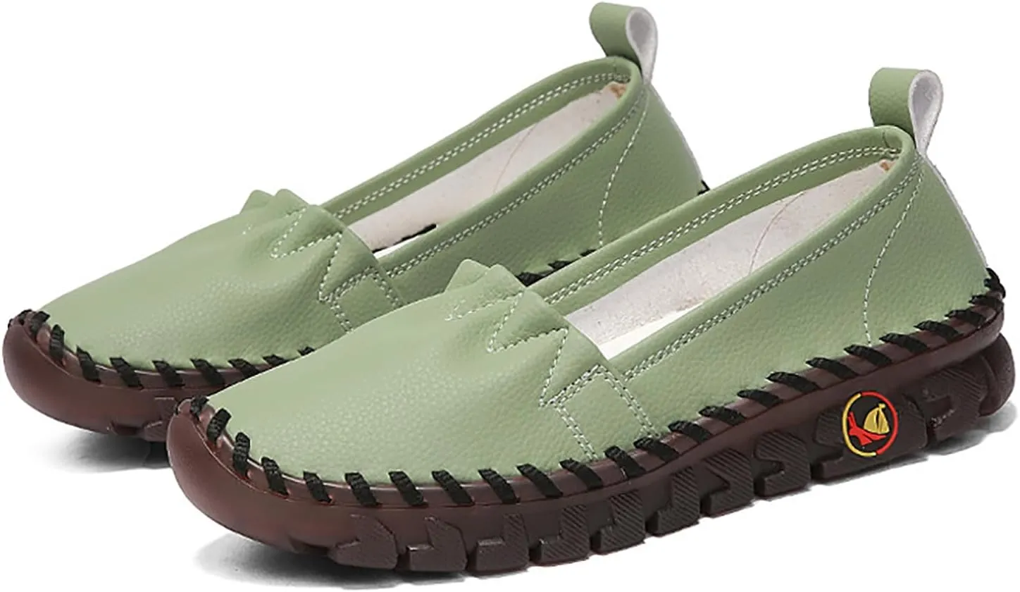 Women's Orthopedic Leather Soft Beef Tendon Loafers Handmade Sewing Comfortable Slip-on Round Toe Breathable Non-Slip Mom Casual Walking Shoes Loafers for Women