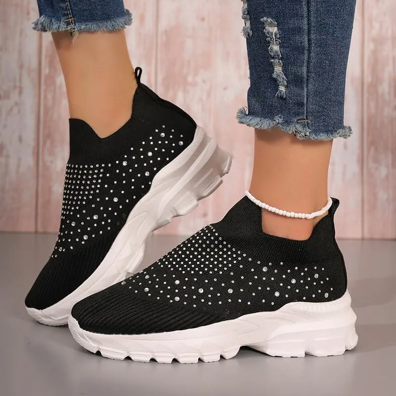 Women's Rhinestone Thick Sole Breathable Sneaker Fashion Mesh Walking Shoe Breathable Slip-on Loafers Non-Slip Orthopedic Arch Support Sock Sneaker Platform Sparkly Elastic Walking Shoes