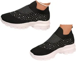 Women's Rhinestone Thick Sole Breathable Sneaker Fashion Mesh Walking Shoe Breathable Slip-on Loafers Non-Slip Orthopedic Arch Support Sock Sneaker Platform Sparkly Elastic Walking Shoes
