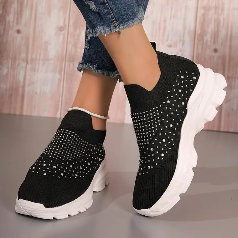 Women's Rhinestone Thick Sole Breathable Sneaker Fashion Mesh Walking Shoe Breathable Slip-on Loafers Non-Slip Orthopedic Arch Support Sock Sneaker Platform Sparkly Elastic Walking Shoes