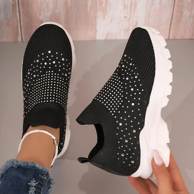 Women's Rhinestone Thick Sole Breathable Sneaker Fashion Mesh Walking Shoe Breathable Slip-on Loafers Non-Slip Orthopedic Arch Support Sock Sneaker Platform Sparkly Elastic Walking Shoes