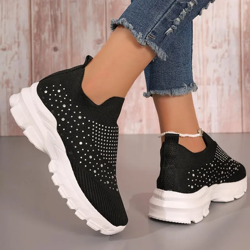 Women's Rhinestone Thick Sole Breathable Sneaker Fashion Mesh Walking Shoe Breathable Slip-on Loafers Non-Slip Orthopedic Arch Support Sock Sneaker Platform Sparkly Elastic Walking Shoes