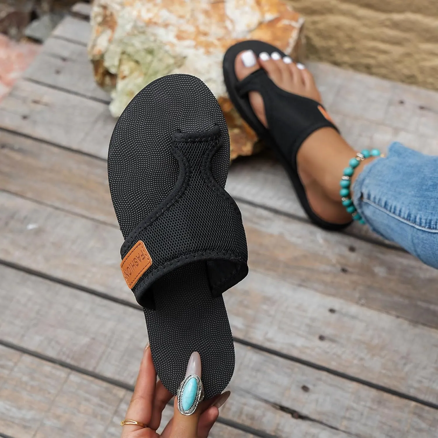 Womens Slide Sandals Summer, Breathable Mesh Flats Slippers Casual Yoga Mat Lightweight Beach Flip Flops Walking Shoes