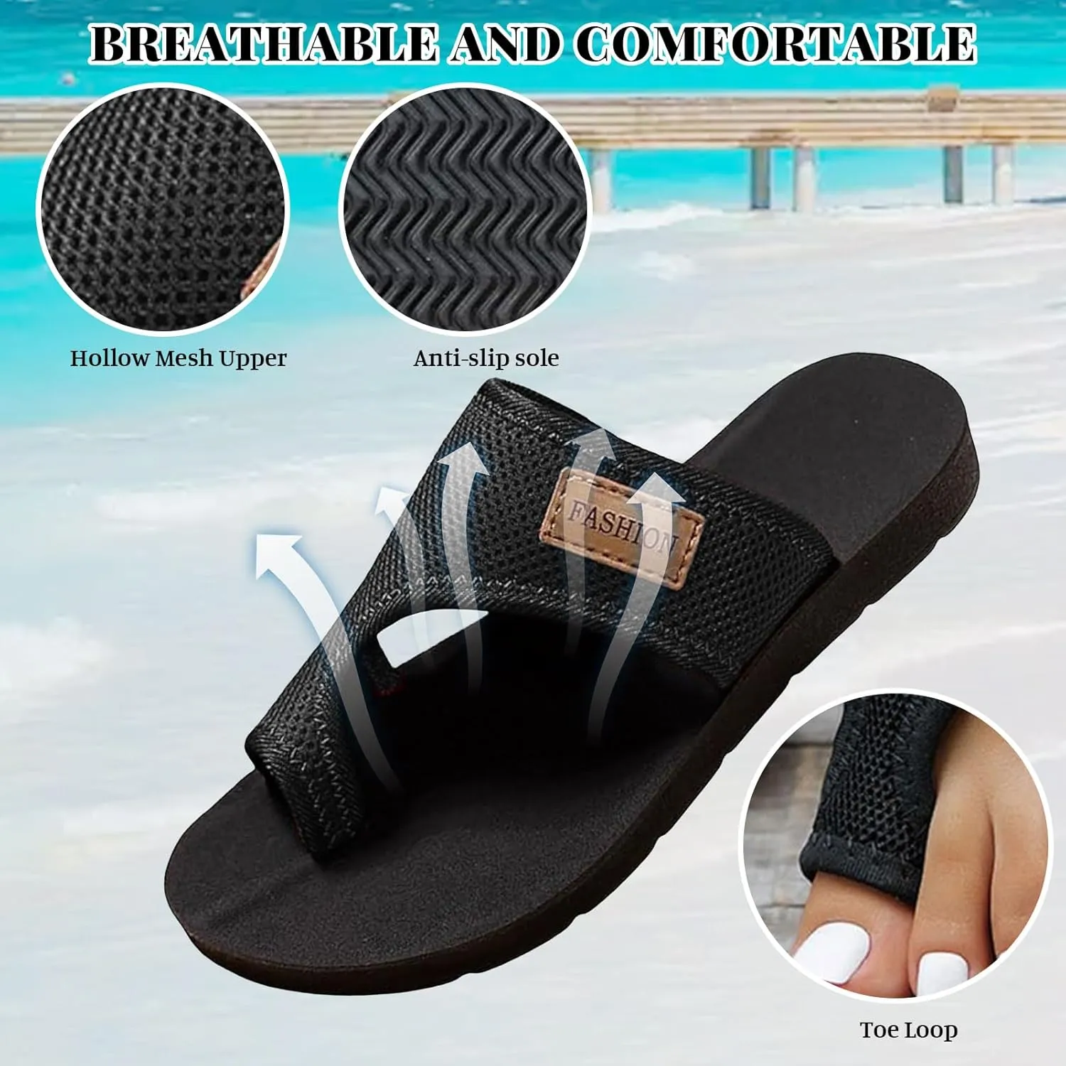 Womens Slide Sandals Summer, Breathable Mesh Flats Slippers Casual Yoga Mat Lightweight Beach Flip Flops Walking Shoes