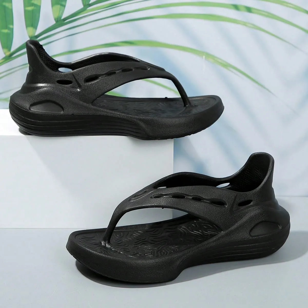 Women's Sporty Sandals, Summer Flat Flip-Flops, Comfortable Casual Slip-On Slippers With Lightweight Platform And Hollow Out Design